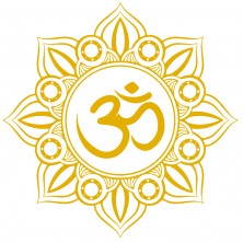 Símbolo Om color dorado dentro de un diseño de mandala circular adornado.