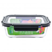 Tupper ecológico de vidrio rectangular, con tapa de vidrio y abrazaderas grises de polipropileno