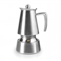 Cafetera Express de acero inoxidable, diseño elegante y asa lateral.