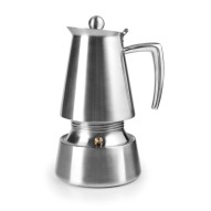 Cafetera Express de acero inoxidable, diseño elegante y asa lateral.
