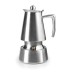 Cafetera Express de acero inoxidable, diseño elegante y asa lateral.