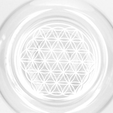 Un patrón de flores geométricas circulares con círculos superpuestos en estilo flor vida blanca.