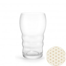 Vidrio de borosilicato curvado con patrón Flor de la Vida dorado en la esquina inferior derecha.