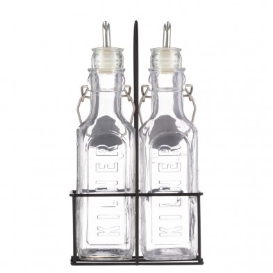 Dos botellas de vidrio transparente con picos vertedores en un soporte de metal negro de la marca KILNER