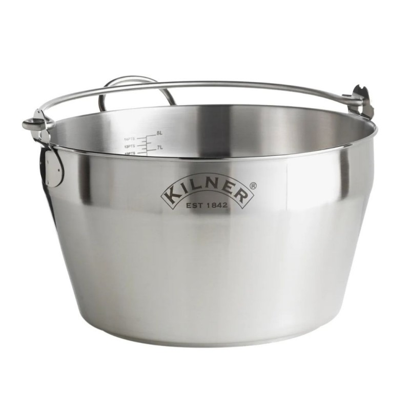 Olla para mermeladas Kilner de acero inoxidable con asa y marcas de medición en el interior.