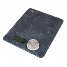 Báscula de cocina digital con patrón de mármol y pantalla LCD que muestra el cero.