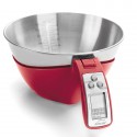 Báscula de cocina digital roja con bol de acero inoxidable y pantalla LCD.