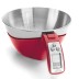 Báscula de cocina digital roja con bol de acero inoxidable y pantalla LCD.