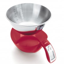 Báscula de cocina digital con bol de acero inoxidable y base de plástico rojo con pantalla LCD.