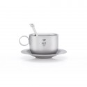 Taza de plata con asa, cuchara a juego y platillo, todo ello con la marca Keith Titanium
