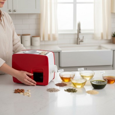 Extractor de aceite vegetal Yoda en la encimera de la cocina con aceites de diferentes semillas Extractor de aceite vegetal Yoda en la encimera de la cocina con aceites de diferentes semillas