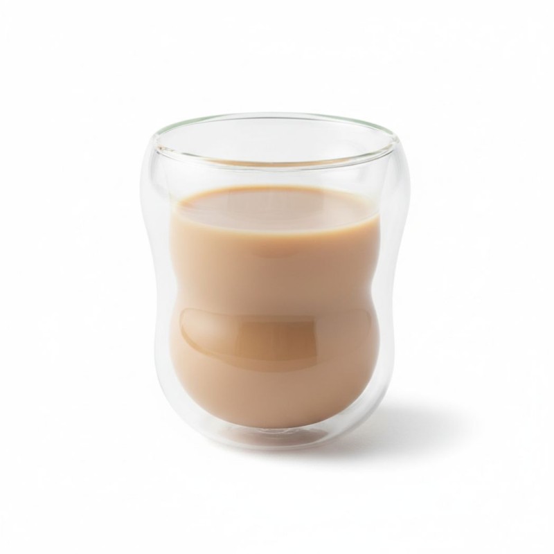 Vaso doble pared borosilicato Nature's Design sobre fondo blanco con una bebida chocolateada