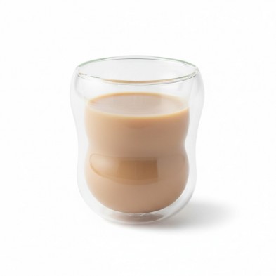 Vaso doble pared borosilicato Nature's Design sobre fondo blanco con una bebida chocolateada Vaso doble pared borosilicato Nature's Design sobre fondo blanco con una bebida chocolateada