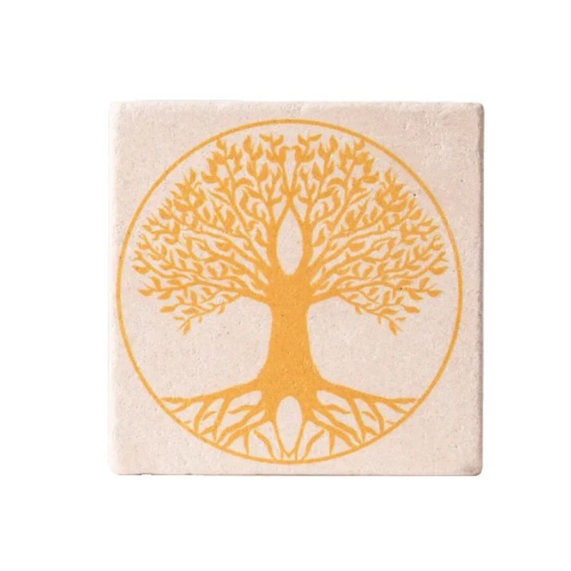 Posavasos vitalizador de piedra travertina con Árbol de la Vida amarillo