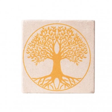 Posavasos vitalizador de piedra travertina con Árbol de la Vida amarillo