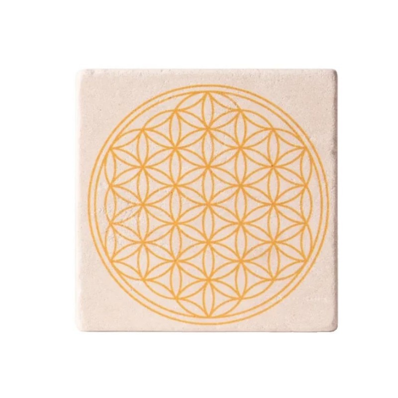 Posavasos vitalizador de piedra travertina con Flor de la Vida amarillo