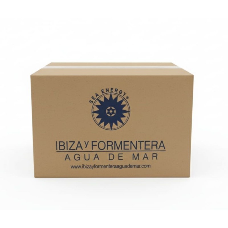 Caja simple marrón completa con Caja de 6 unidades de Ibiza y Formentera agua de mar microfiltrada de 3 L