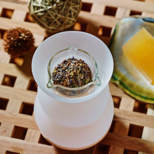 Quemador Lucerna Nature's Design sobre fondo blanco recipiente lleno de hierbas aromáticas