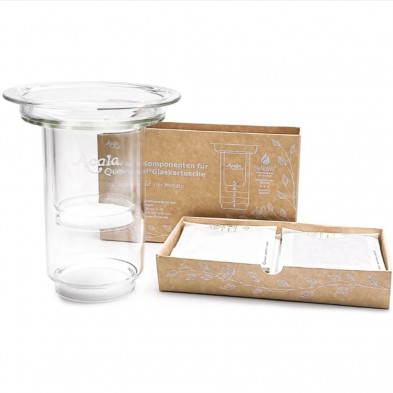 Filtro de vidrio AcalaQuell Mini 5L pack con caja de los elementos de recarga abierta Filtro de vidrio AcalaQuell Mini 5L pack con caja de los elementos de recarga abierta