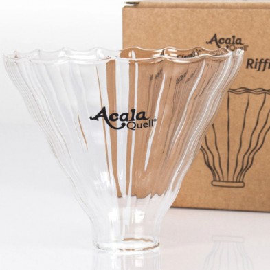 Vista frontal con la caja del Embudo de vidrio Riffilo AcalaQuell