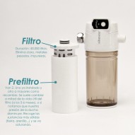 Prefiltro de ducha Alkanatur colocando en el filtro principal y a otro lado se encuentra la carcasa