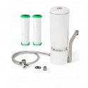 Filtro de agua blanco para encimera Sanuno Grande con grifo, manguera, adaptadores y dos cartuchos filtrantes de repuesto.