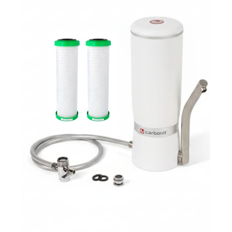 Filtro de agua blanco para encimera Sanuno Grande con grifo, manguera, adaptadores y dos cartuchos filtrantes de repuesto.