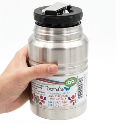 Termo de acero inoxidable con cuchara Biodora de 500 ml sostenido en la mano Termo de acero inoxidable con cuchara Biodora de 500 ml sostenido en la mano