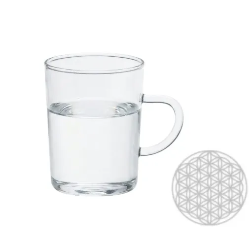 Taza de vidrio de borosilicato Trendglas Jena con grabado de la flor de la vida en la base exterior