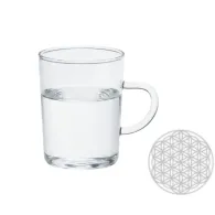Taza de vidrio de borosilicato Trendglas Jena con grabado de la flor de la vida en la base exterior