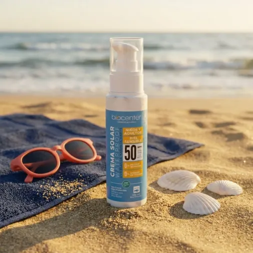 Protector solar natural SPF 50 fluido Biocenter 100 ml en la playa