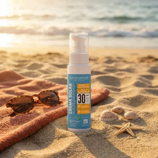 Imagen del Protector solar natural SPF 30 fluido Biocenter 100 ml en la playa