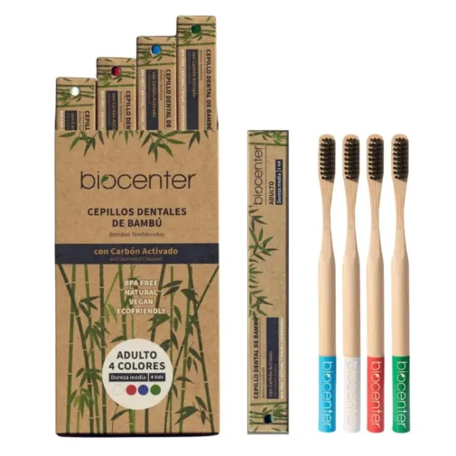 Packaging individuall en cartón y del pack de los 4 cepillos Biocenter de bambú