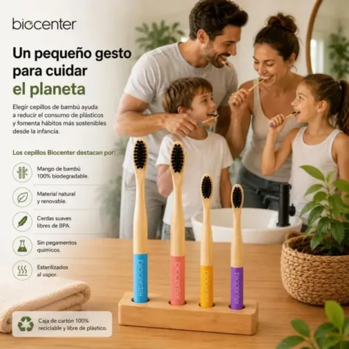 Flyer informativo con foto de una familia al fondo usando sus cepillos de dientes de bambú