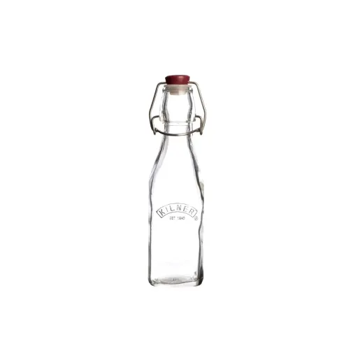 Botella de Vidrio Clip Top Cuadrada 250 ml Kilner sobre fondo blanco