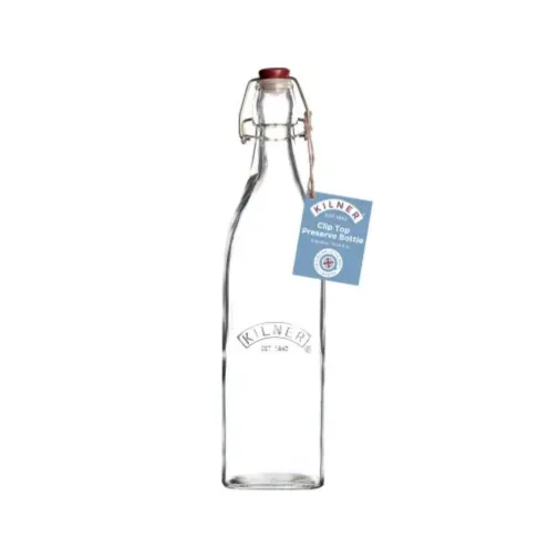 Botella de Vidrio Clip Top Cuadrada 550 ml Kilner con la etiqueta azul
