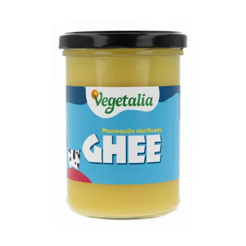 Nueva etiqueta del tarro de Ghee Mantequilla clarificada ecológica Vegetalia 450 ml