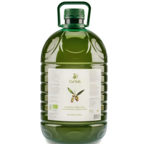 Botella grande verde de aceite de oliva virgen extra con asa y etiqueta.