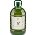 Botella grande verde de aceite de oliva virgen extra con asa y etiqueta.