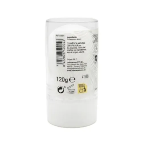 leyenda trasera informativa con código de barras del producto Desodorante de alumbre en stick 120 g Laboratorio Sys