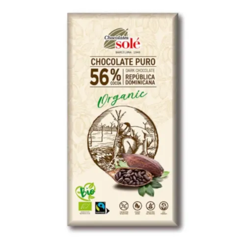 Chocolate negro ecológico 56% Chocolates Solé 100 g de intensidad suave