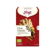 Caja clásica de Yogi Tea con arte en forma de taza de té, que presenta canela sobre un fondo rojo intenso.