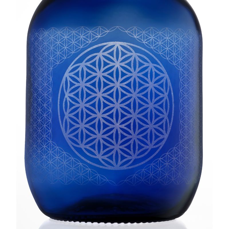 Garrafa de vidrio de murano azul flor de la vida y hooponopono 360