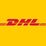 Logotipo de DHL en rojo sobre fondo amarillo.