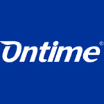 Logotipo con la palabra “Ontime” en blanco sobre fondo azul.